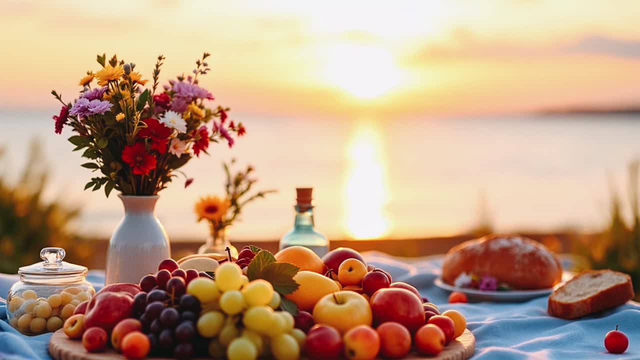 Sunset Picnic with Fruits and Flowers