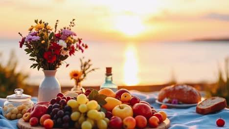 sunset picnic with fruits and flowers