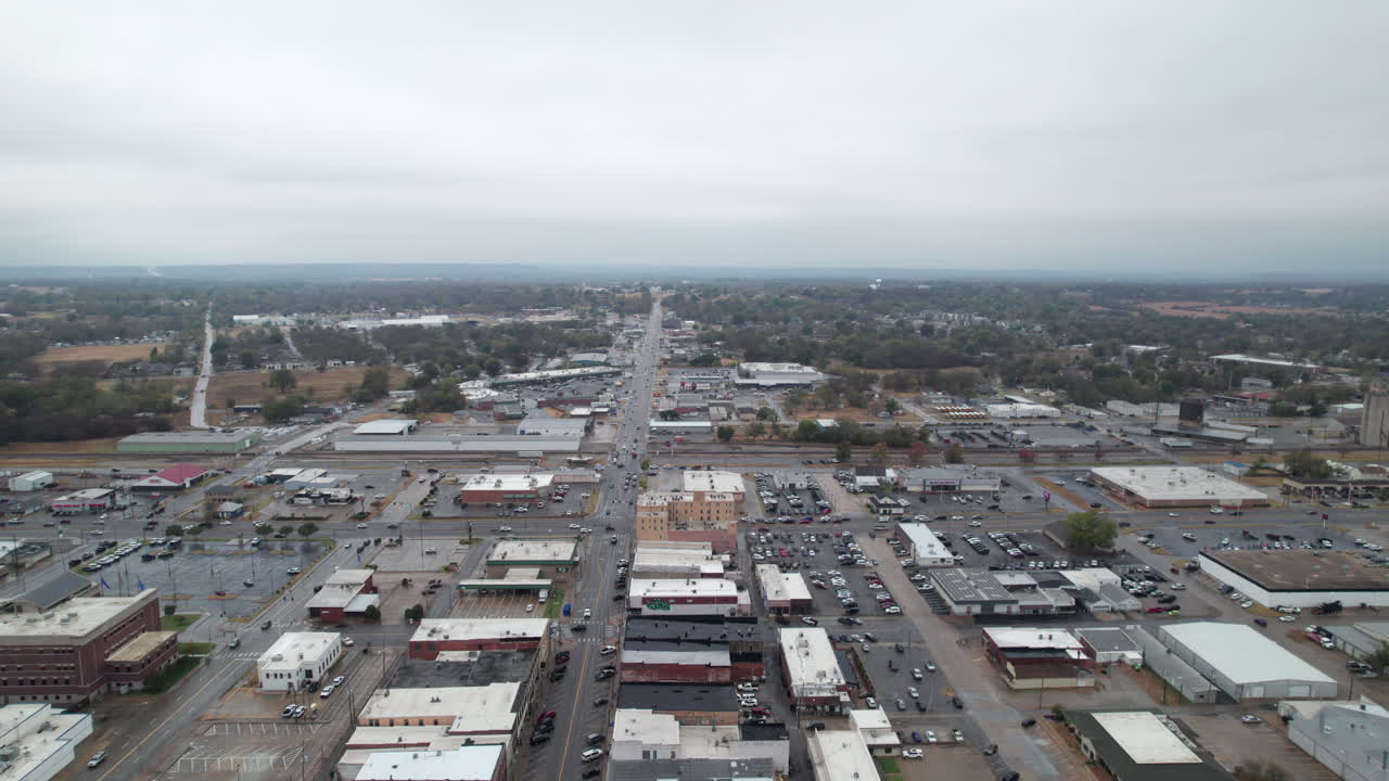 Wide angle drone shot of downtown Claremore, Oklahoma. Small town, USA along Route 66