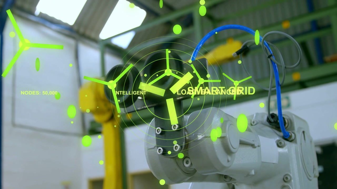 Sensor-triggered scan animating HUD over robotic arm joint in factory, showing SMART GRID status
