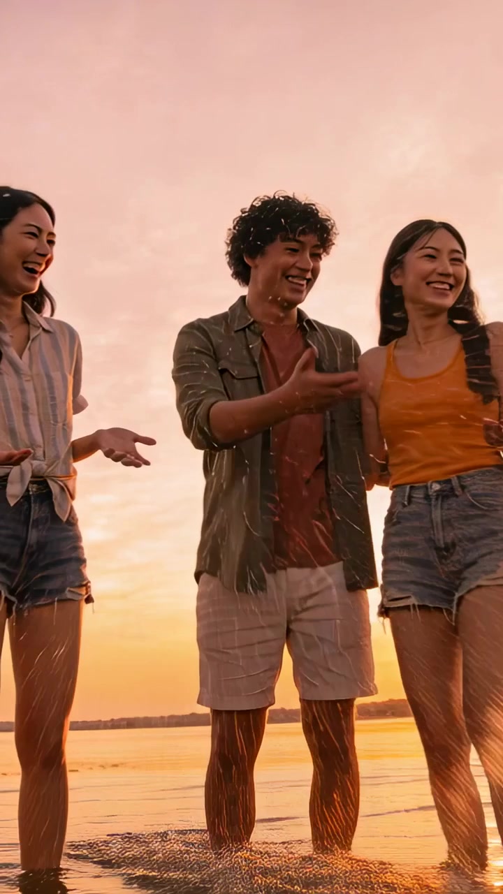 Video verticale: Trio che cammina a braccetto, entrando nell'acqua della spiaggia mentre il sole tramonta, indossando pantaloncini di jeans.