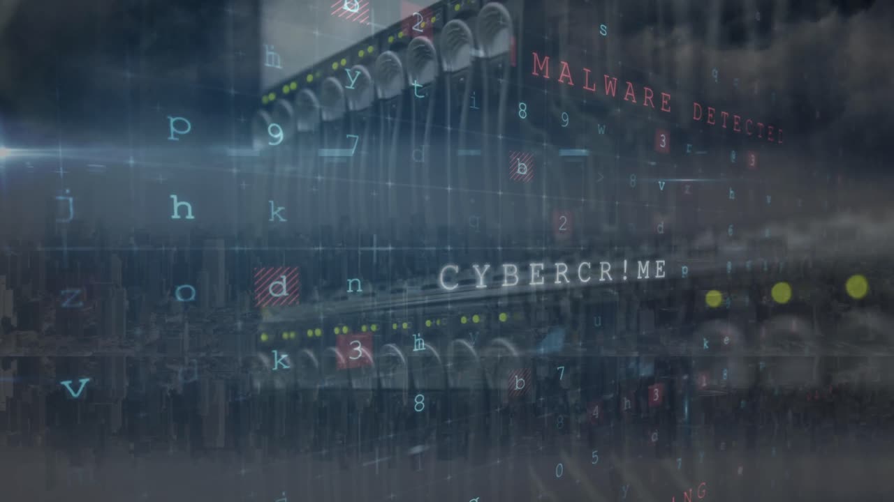 Animation of cyber attack warning over server room