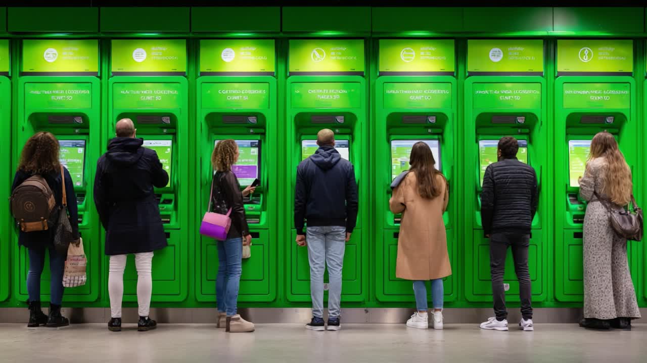 A Busy Scene in a Modern Banking Facility Showcasing Multiple ATM Machines as Patrons Engage in Transactions, Highlighting Convenience and Technology in Financial Services