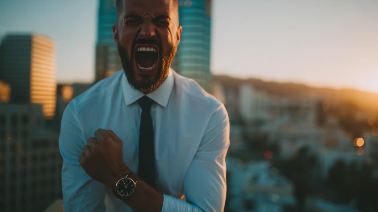 A man passionately expressing his emotions on a rooftop with urban buildings in the background during sunset, displaying intense feelings of determination and energy