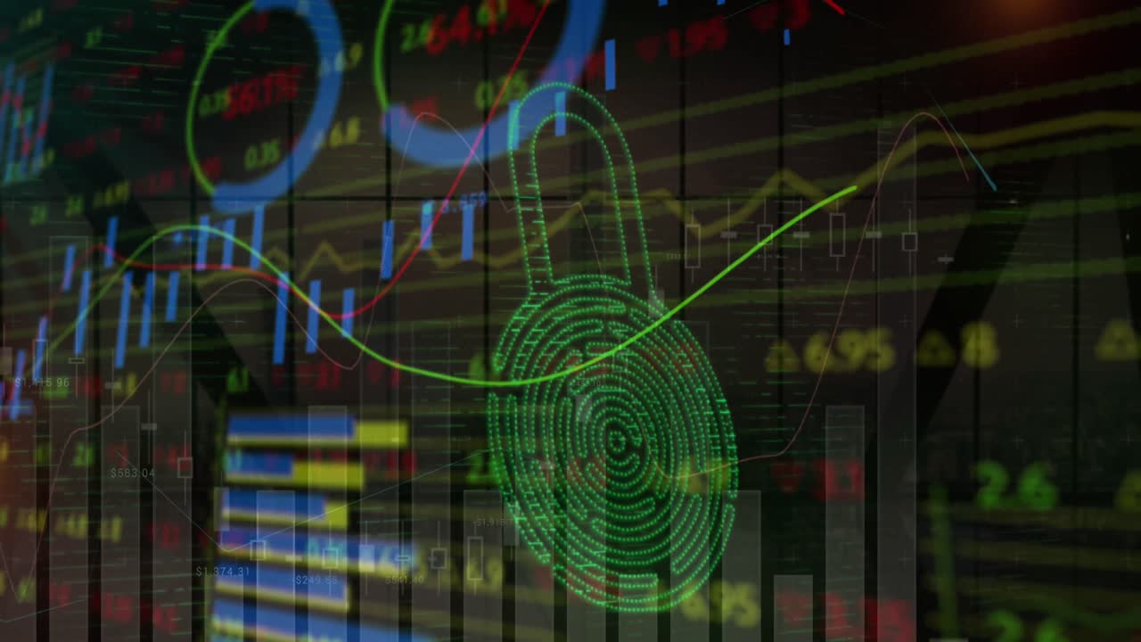 Security padlock icon and statistical data processing against black background