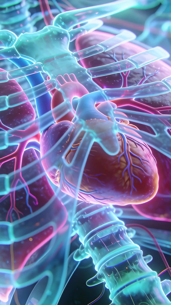 Vertical video: Starting camera pushing in on heart while pulsing in chest, ribs, showing vessels