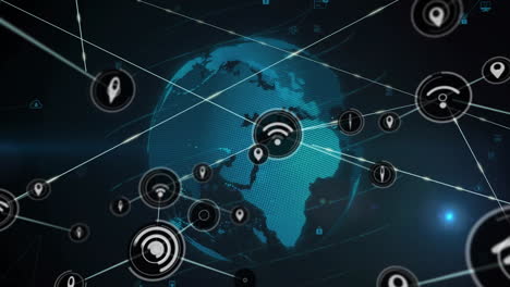 animation of network of connections with icons over globe with media icons