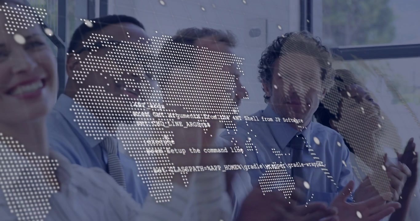 Business team in meeting map or code overlay moving man raising hand, speaker pitching, team clappin