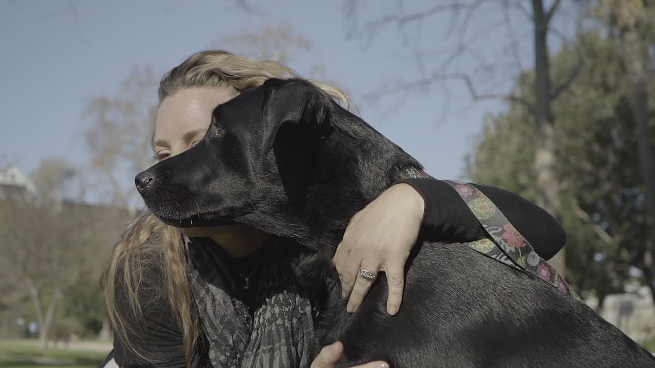 Black Lab Dog and Her Happy owner smiling and cuddling in the park (Cinematic Slow Motion)