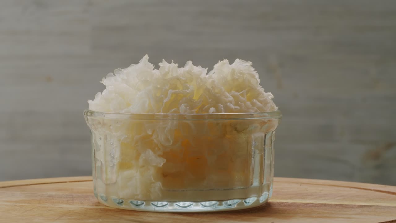 Tremella fermented salted Jamur salju or snow fungus, white colored fungi for food and medicine, popular in China and also Chinese cuisine.