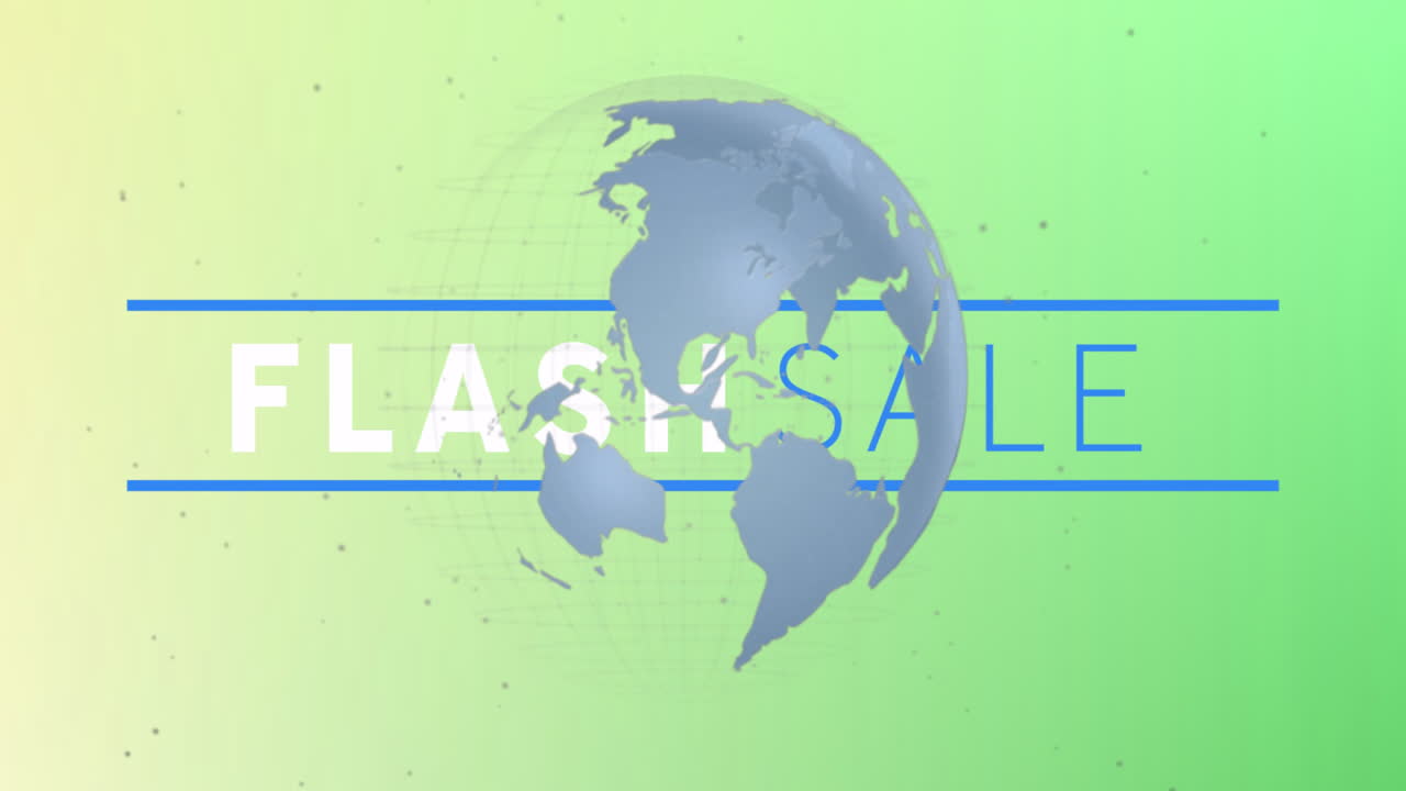 Animation of flash sale text with globe graphic on green gradient background