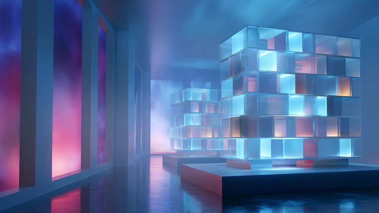 A Contemporary Art Installation Featuring Geometric Shapes and Soft Illumination, Capturing the Interplay of Light and Space in an Mysterious Atmosphere Within a Modern Gallery Setting