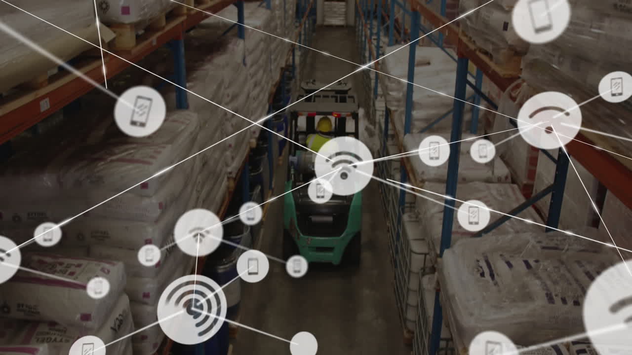 Forklift operating in warehouse with network of connected devices animation