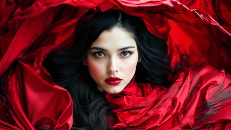 a woman in a red dress with long black hair and red lipstick