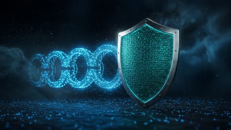 a futuristic shield representing security and protection with dynamic energy links connecting in a vibrant digital environment, highlighting the essence of cyber defense