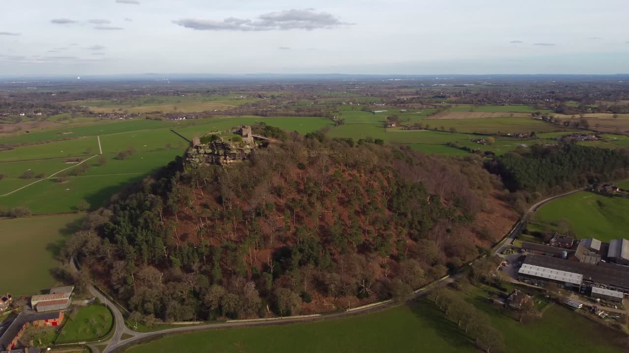 Aerial view moving towards Beeston Castle with drone - Cheshire, England, UK