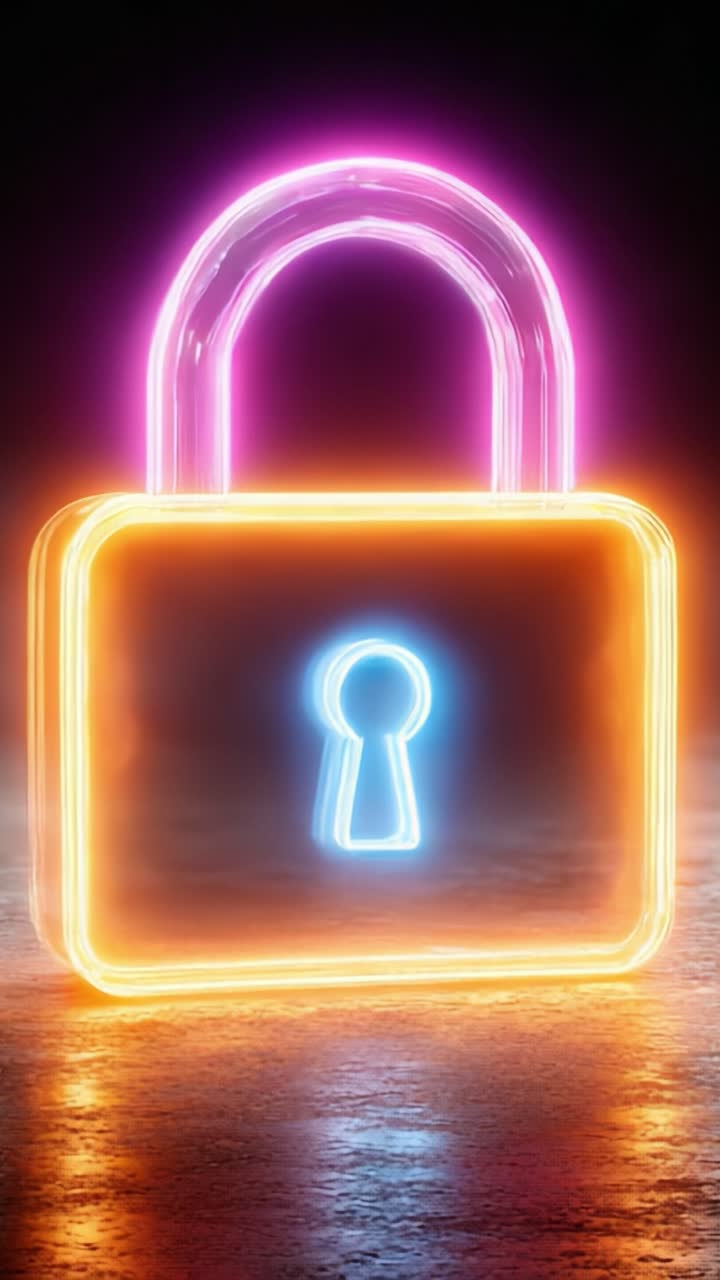 En levende neonlås, der lyser op i en digital tidsalder med farverigt skær – repræsenterer beskyttelse og sikkerhed i en futuristisk kontekst