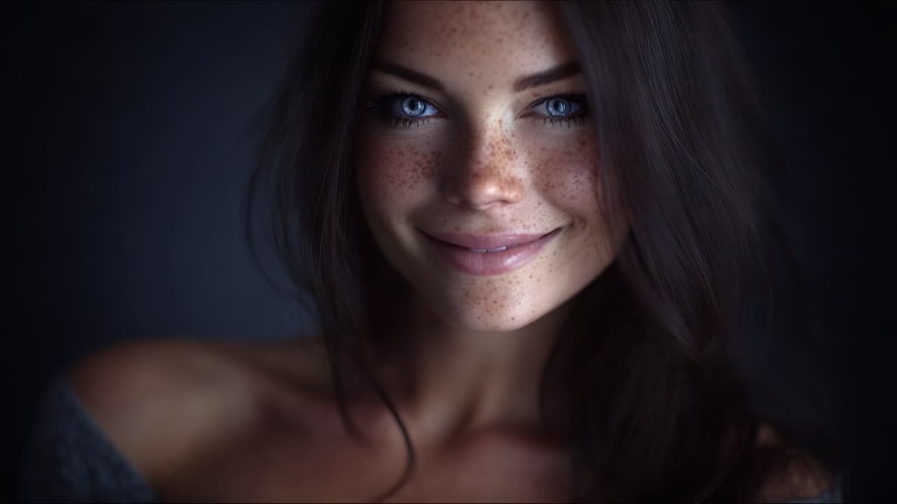 Un ritratto accattivante di una giovane donna con splendidi occhi azzurri e lentiggini, che mostra un bellissimo sorriso e un fascino naturale su uno sfondo scuro