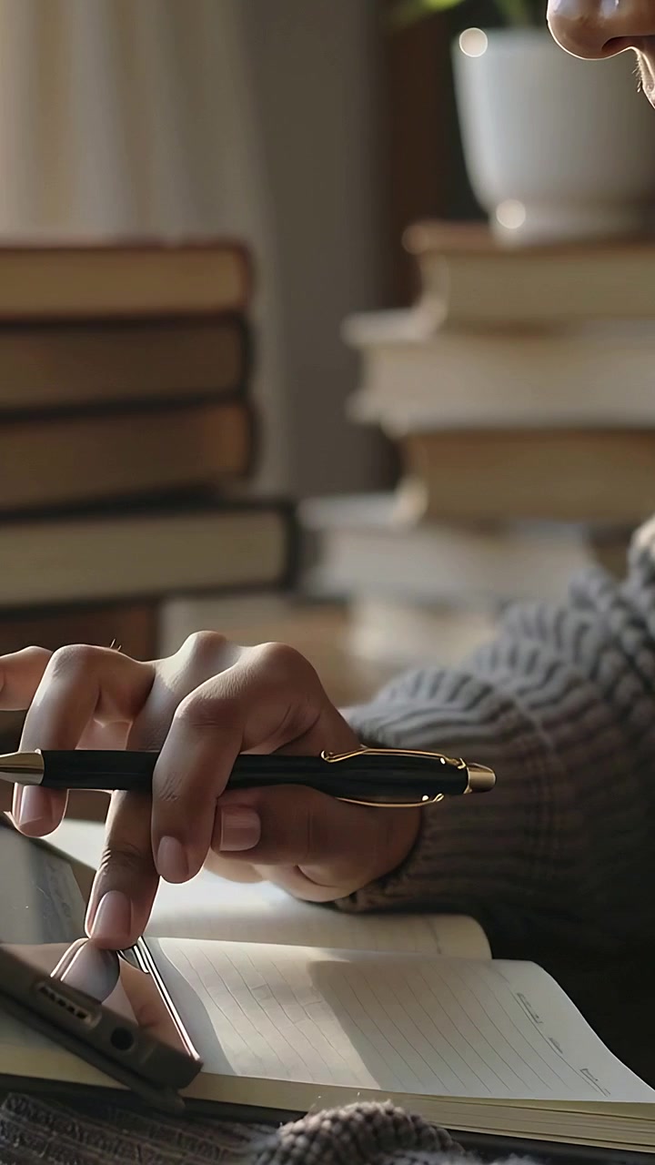 Vídeo vertical: Mulher de camisola a olhar de relance enquanto toca no tablet, caneta pronta junto ao caderno na secretária