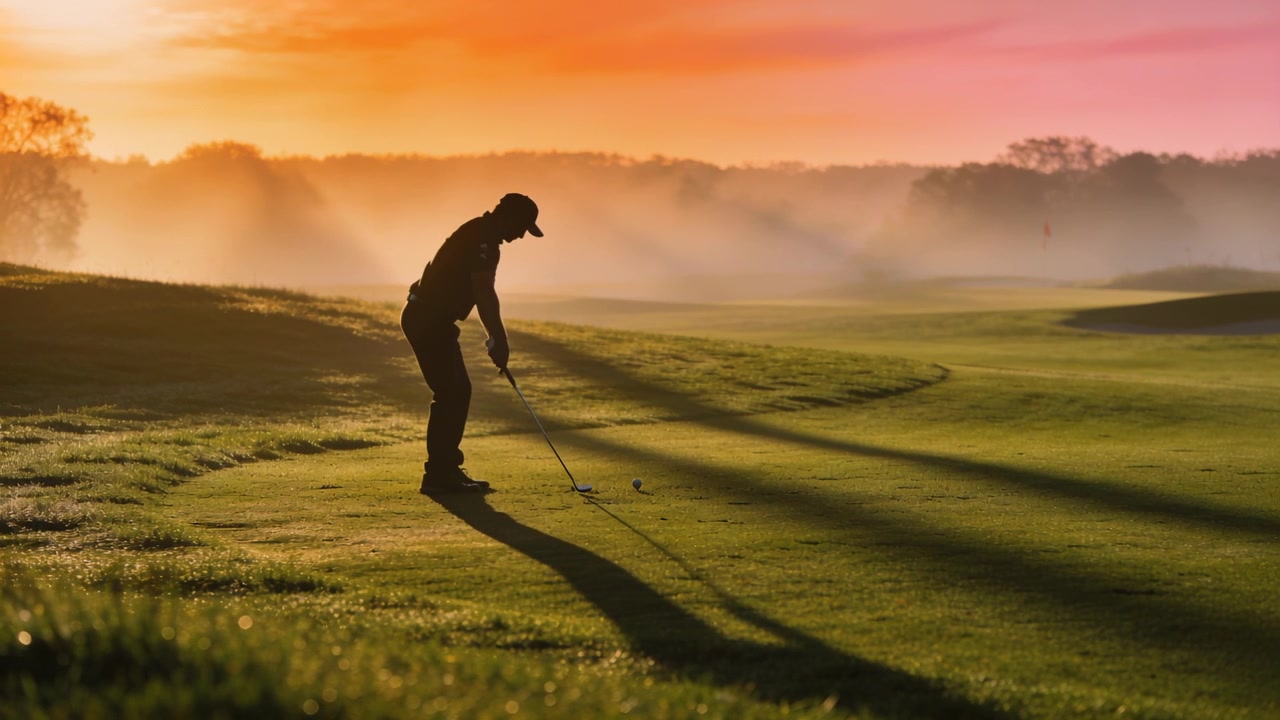 Backswing bereikt top, golfer in poloshirt op de tee zwaait club naar bal, gericht op de fairway, met kopieerruimte.