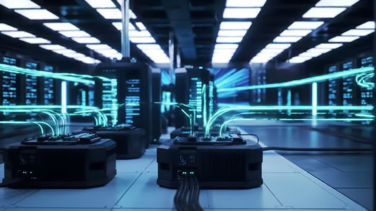 The advanced facility features rows of high-tech servers illuminated by vibrant neon lights. In the background, data streams flow through the cables, showcasing cutting-edge technology in action.