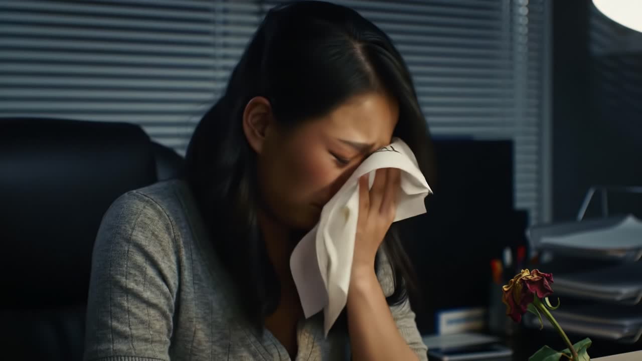In a late-night office setting, a woman struggles with her emotions while wiping her tears with a tissue.