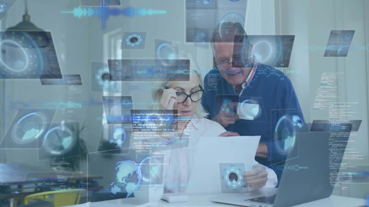 Elderly couple reviewing documents with digital data processing animation overlay