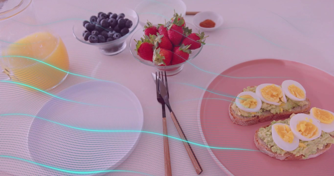 On animation start teal scanning lines gliding over avocado toast and fruit adding digital overlay