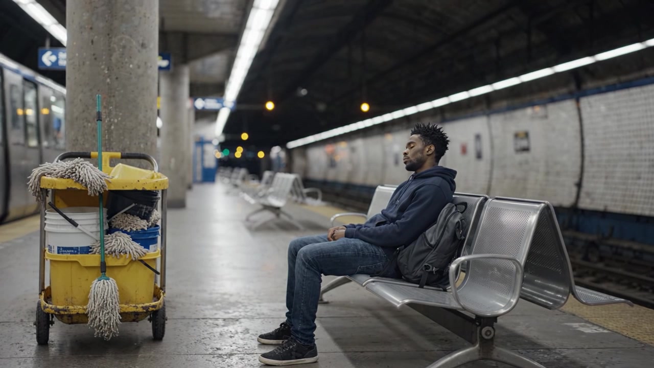 A Young Man Sitting Alone on a Train Station Bench Beside a Cleaning Cart with Mops and Buckets, Capturing a Moment of Solitude and Reflection
