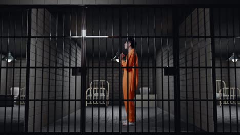 full body side view of a wondering asian male prisoner in handcuffs standing doubtfully in prison, raising hands in anger and shouting why