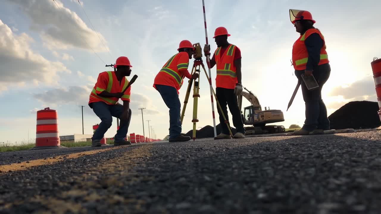 Low-angle video of construction workers in safety gear, capturing teamwork at sunset