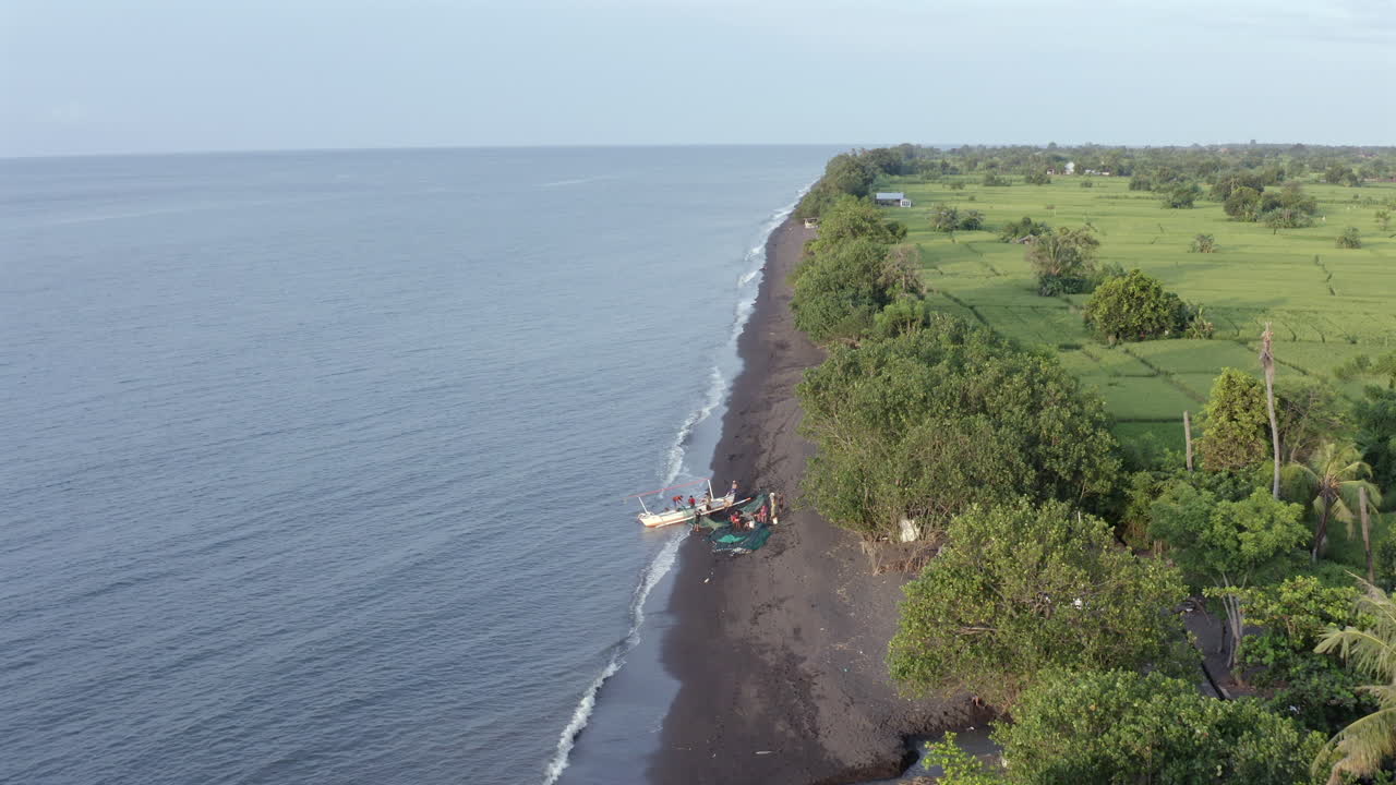 Aerial view of a fisherman gathering fresh fish from his boat on Bali’s black sand beach, with rice fields and ocean waves in the background
