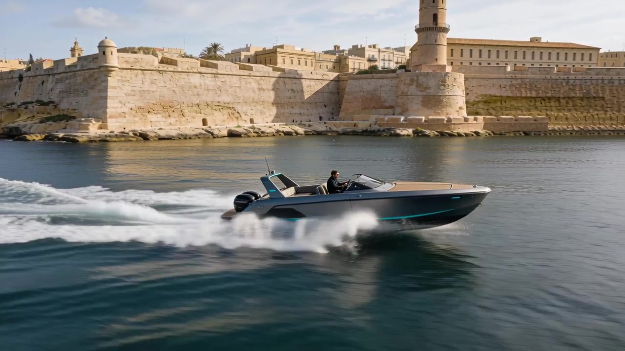 Uno skipper con berretto e giacca accelera con un motoscafo scuro oltre un forte di pietra, lasciando una scia.
