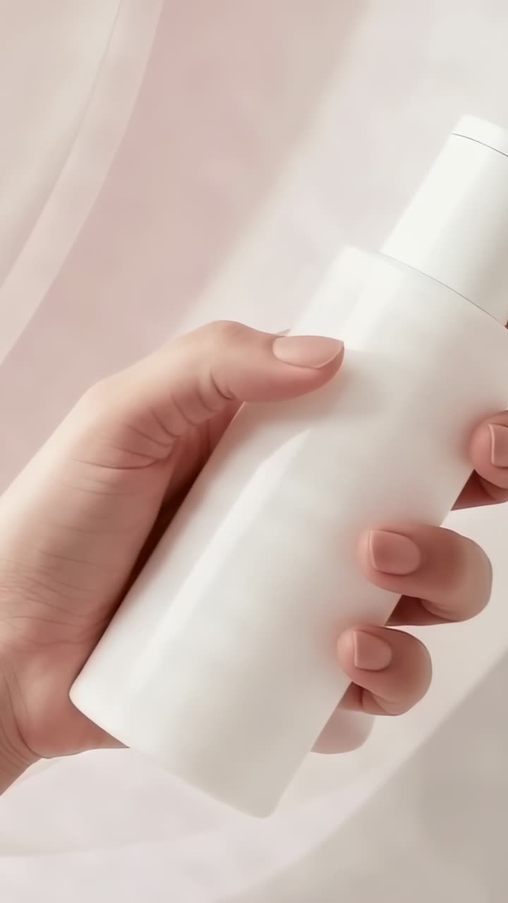 Vertical video: Female hand entering frame rotating pump bottle on pink backdrop, showcasing design