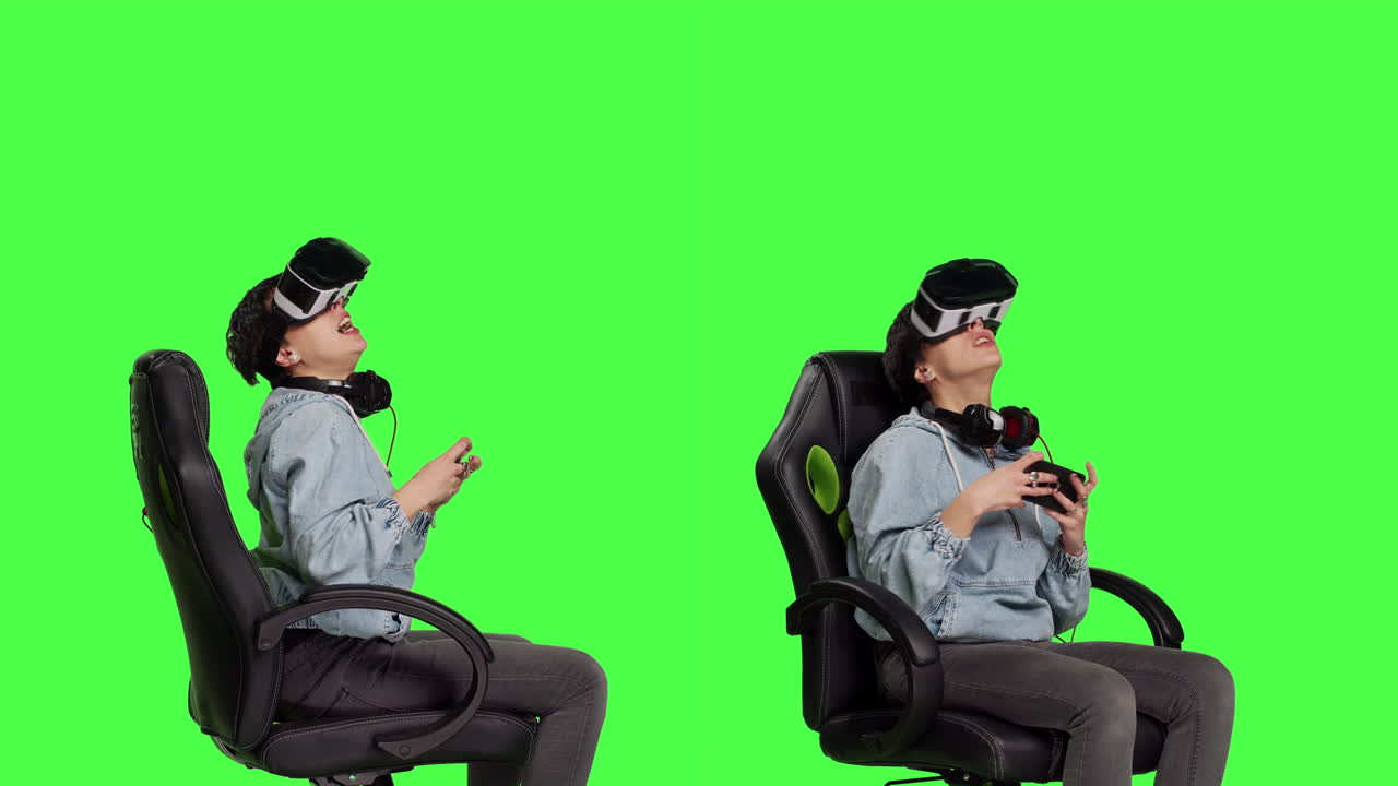 행복한 게이머는 vr 안경으로 비디오 게임 토너먼트에서 승리합니다.