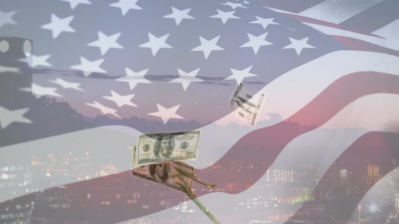 American flag and floating dollar bills animation over cityscape at dusk