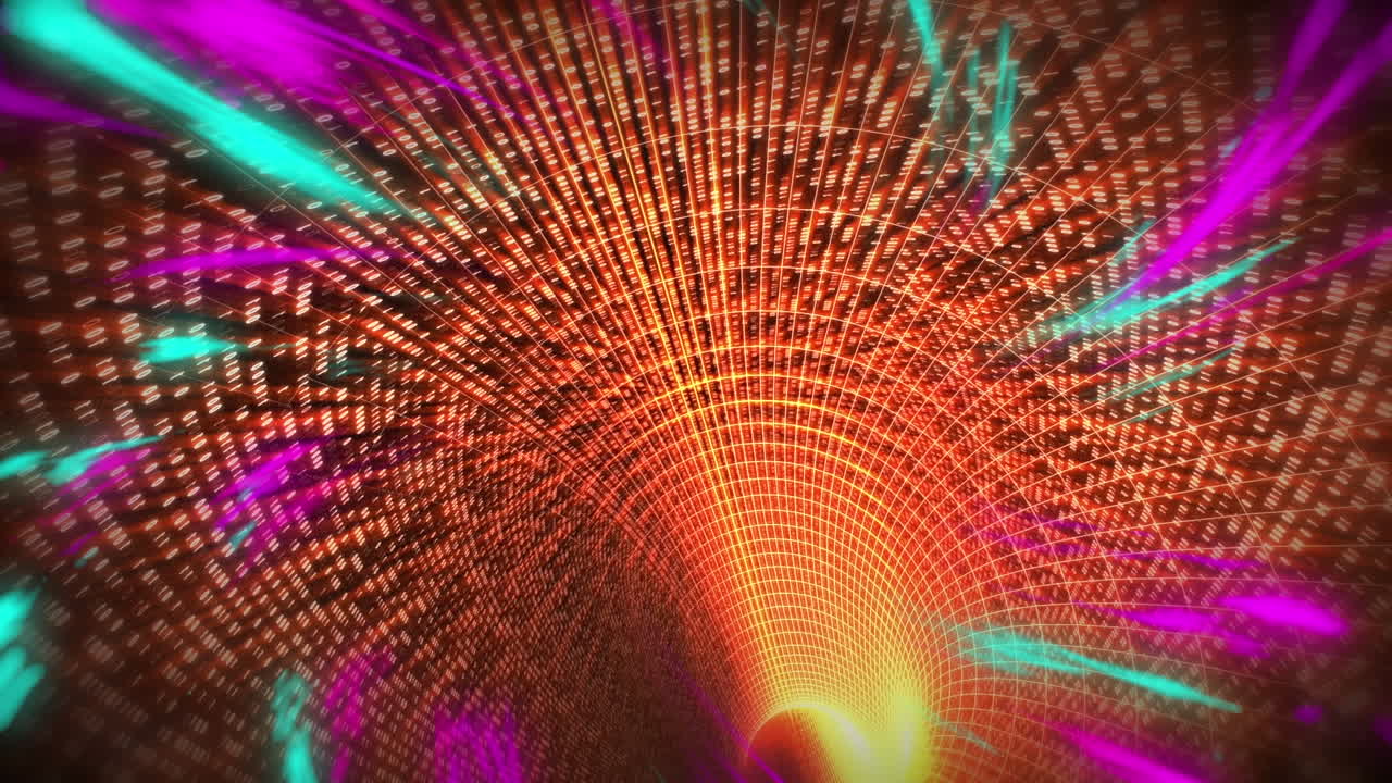 animación de un túnel hecho de luces coloridas en naranja, púrpura y verde