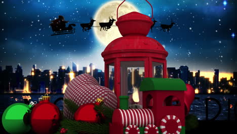 animation of christmas decorations and santa claus in sleigh in winter scenery