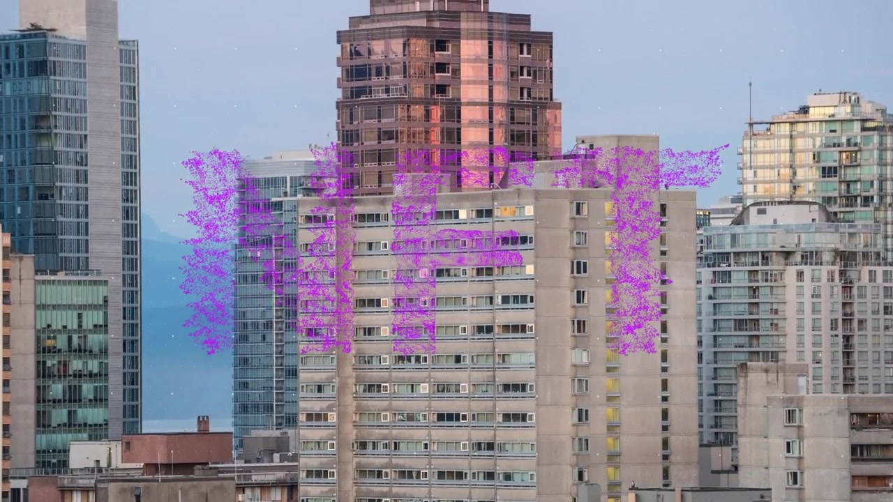 Animación de texto NFT sobre un paisaje urbano
