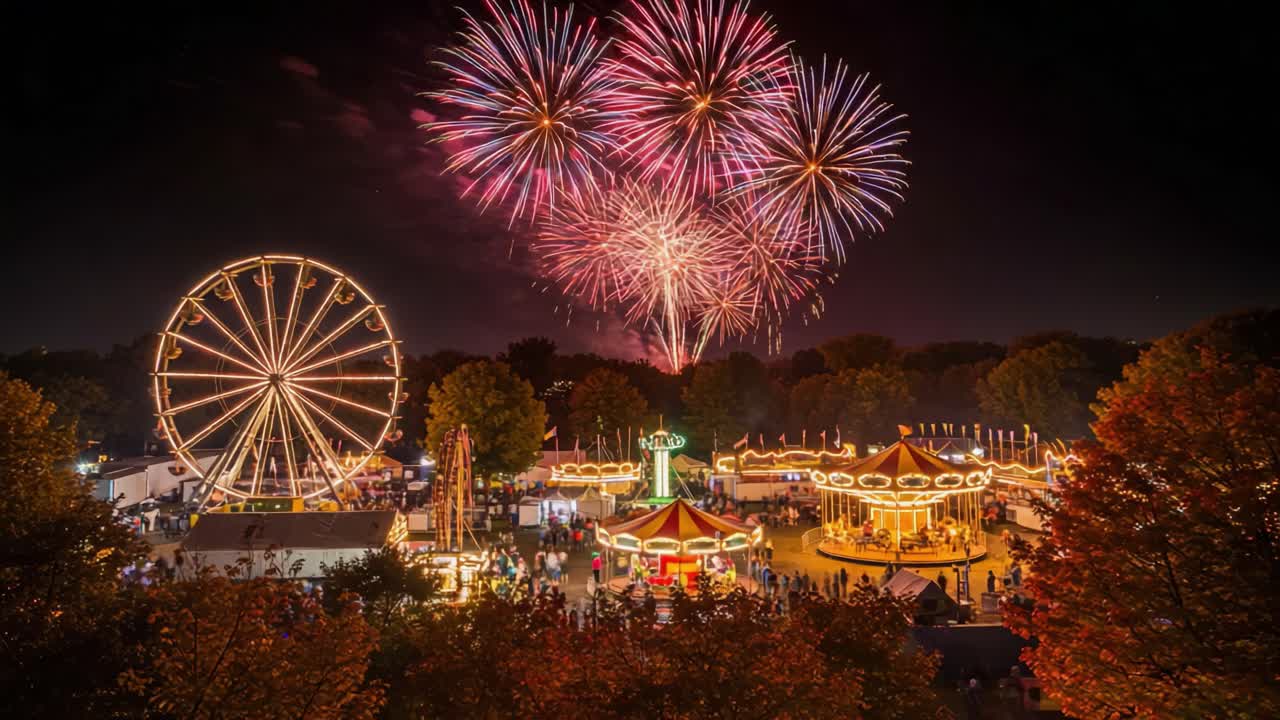 Nighttime amusement park with Ferris wheel, carousels, and fireworks display
