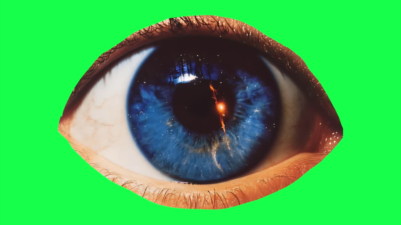 Vibrant eye with cosmic reflection animation, transparent 4K video, green screen