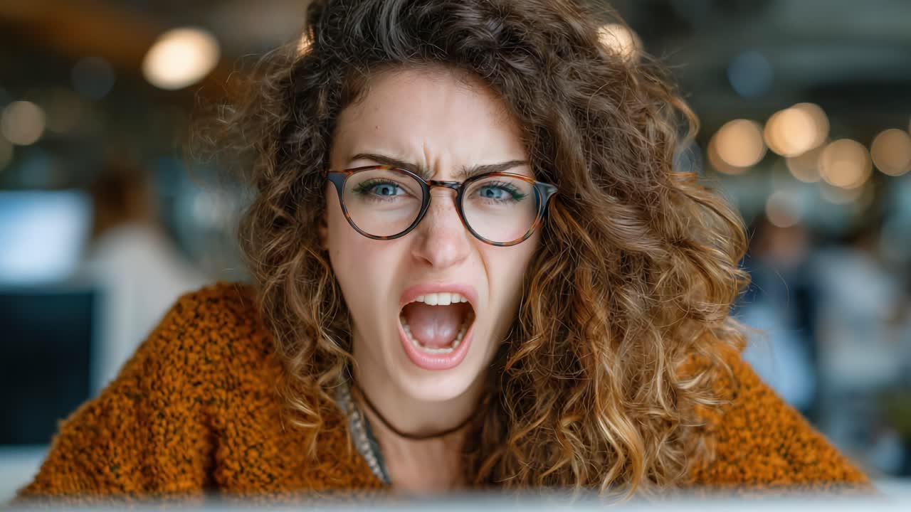 Frustration and Exasperation: Capturing the Intense Emotions of a Young Woman in a Bustling Workspace as She Expresses Her Anger During a Challenging Moment