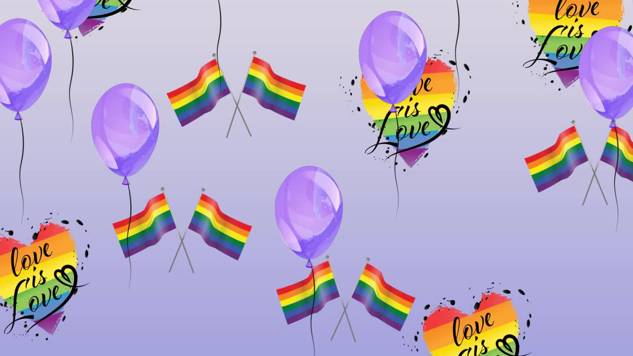 animación de globos sobre corazones arco iris y banderas en fondo rosa