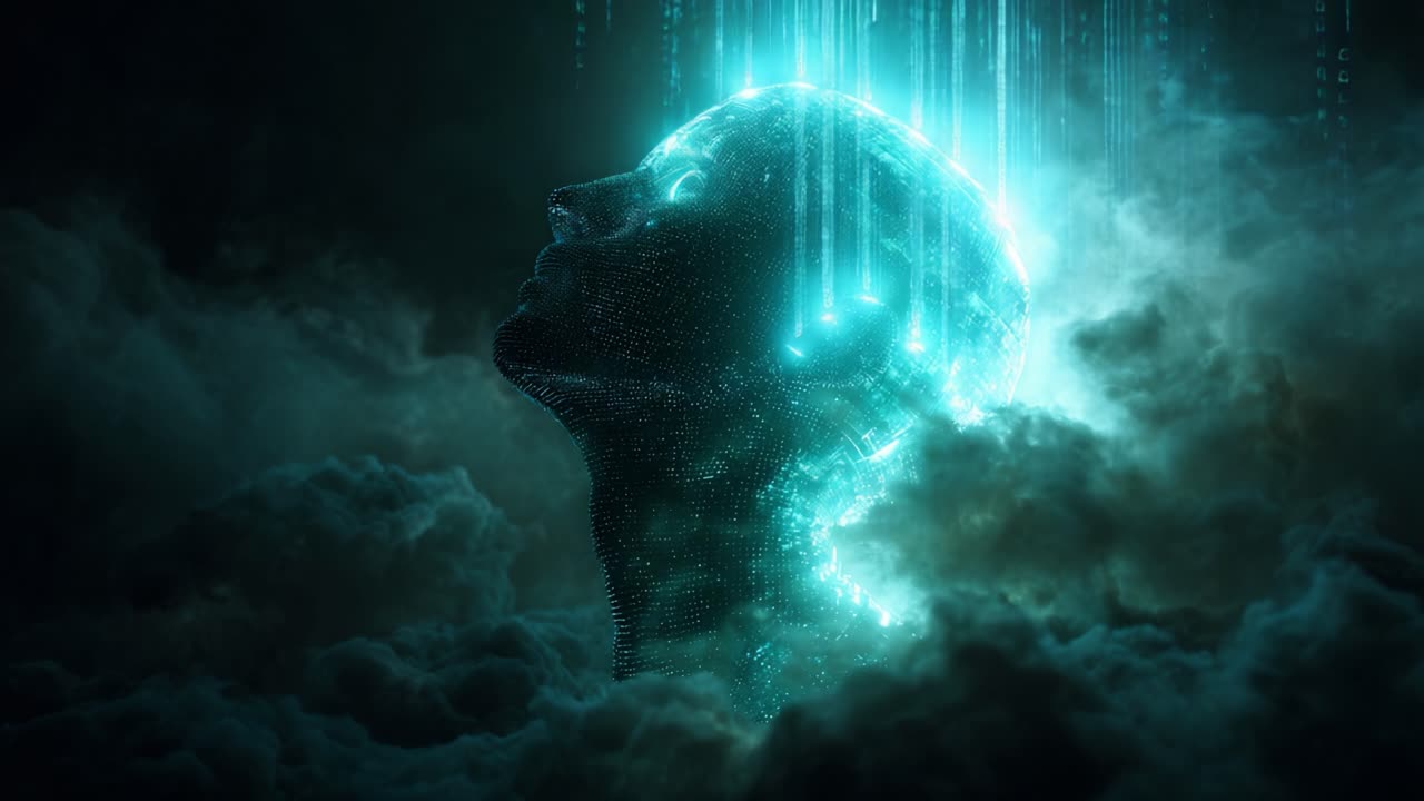 A mesmerizing digital representation of a human head emerging from a misty background, showcasing a futuristic aesthetic filled with glowing binary code, evoking themes of technology, consciousness, and artificial intelligence