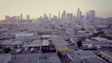 hazy urban skyline with industrial foreground
