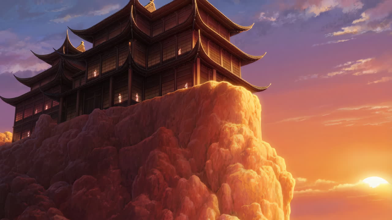Ancient Temple on a Cliff at Sunset