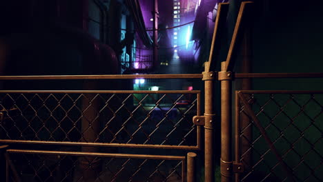 un callejón oscuro en la ciudad, iluminado por señales de neón