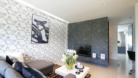 decoración moderna del salón con papel pintado gráfico