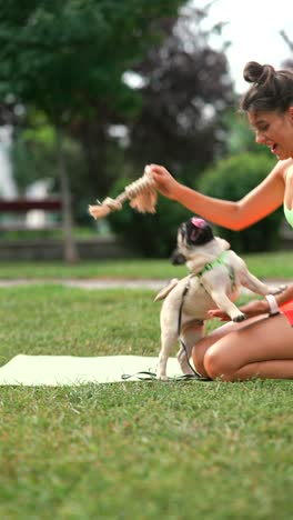 woman playing with her pug dog in the park