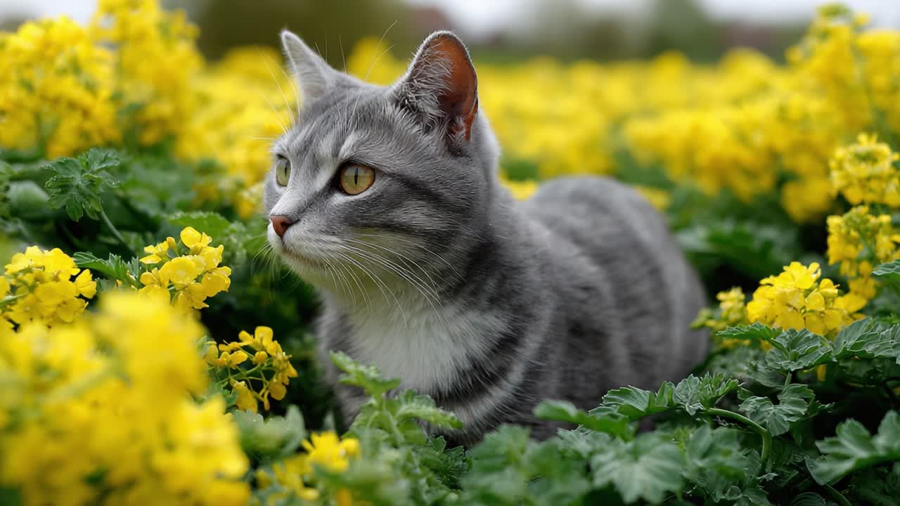 A Gray Cat Surrounded by Vibrant Yellow Flowers in a Lush Field, Capturing the Tranquility of Nature and the Elegance of Feline Companionship